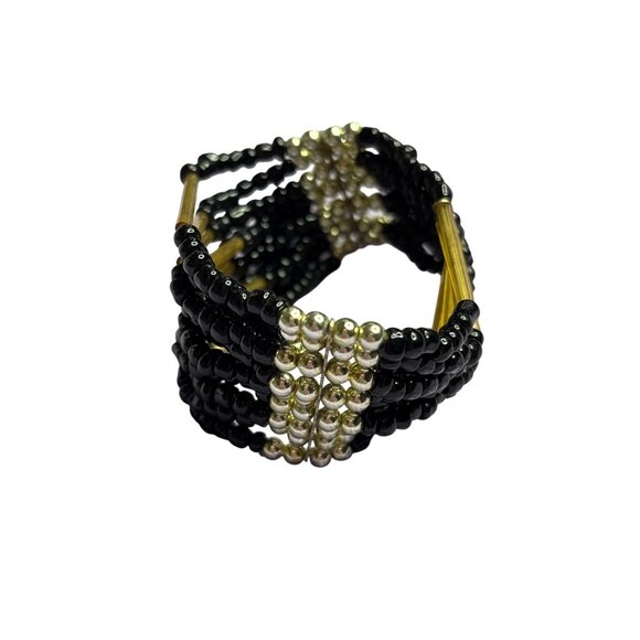 Black Goldtone Silvertone Beaded Stretch Bracelet Seed Beads Metallic Accents - Picture 2 of 5